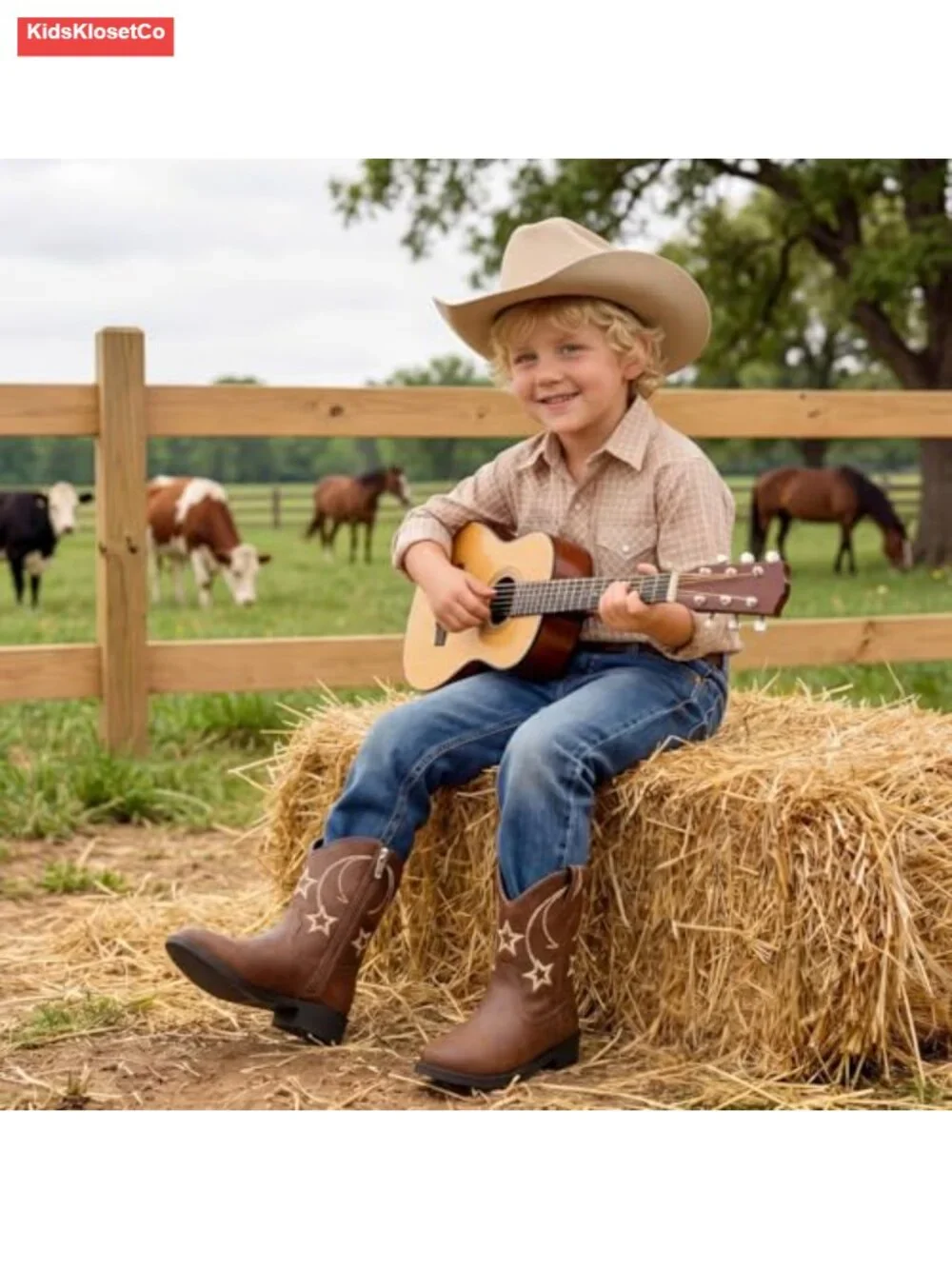 Faux Leather Western Cowboy Boots for Kids Side Zipper Round Toe
